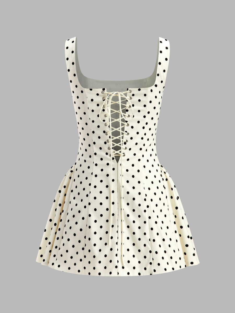 Polka Dot Square Neck Mini Dress with Lace Up Back