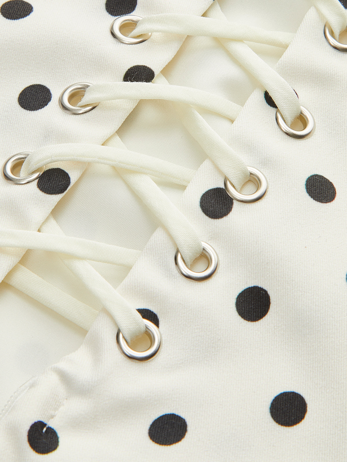 Polka Dot Square Neck Mini Dress with Lace Up Back