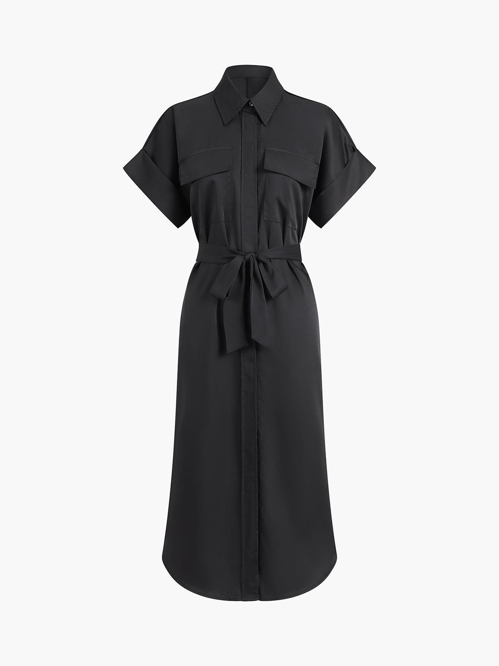 Polo Collar Midi Dress with Tie Waist and Pockets