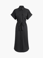 Polo Collar Midi Dress with Tie Waist and Pockets