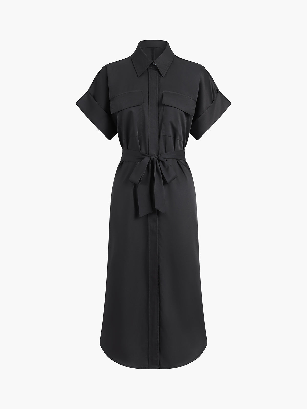 Polo Collar Midi Dress with Tie Waist and Pockets
