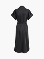 Polo Collar Midi Dress with Tie Waist and Pockets