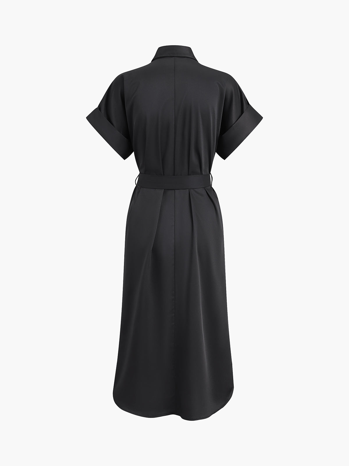 Polo Collar Midi Dress with Tie Waist and Pockets