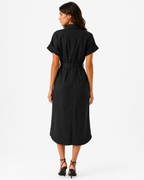Polo Collar Midi Dress with Tie Waist and Pockets