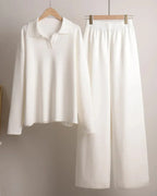 Polo Neck Knit Sweater and Wide Leg Pants Co-ord Set