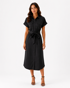 Polo Collar Midi Dress with Tie Waist and Pockets
