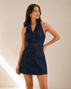 Polo Neck Denim A-Line Mini Dress