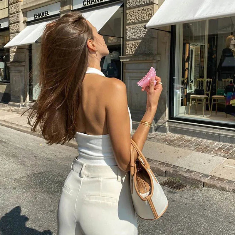 Ribbed Knit Backless Halter Top