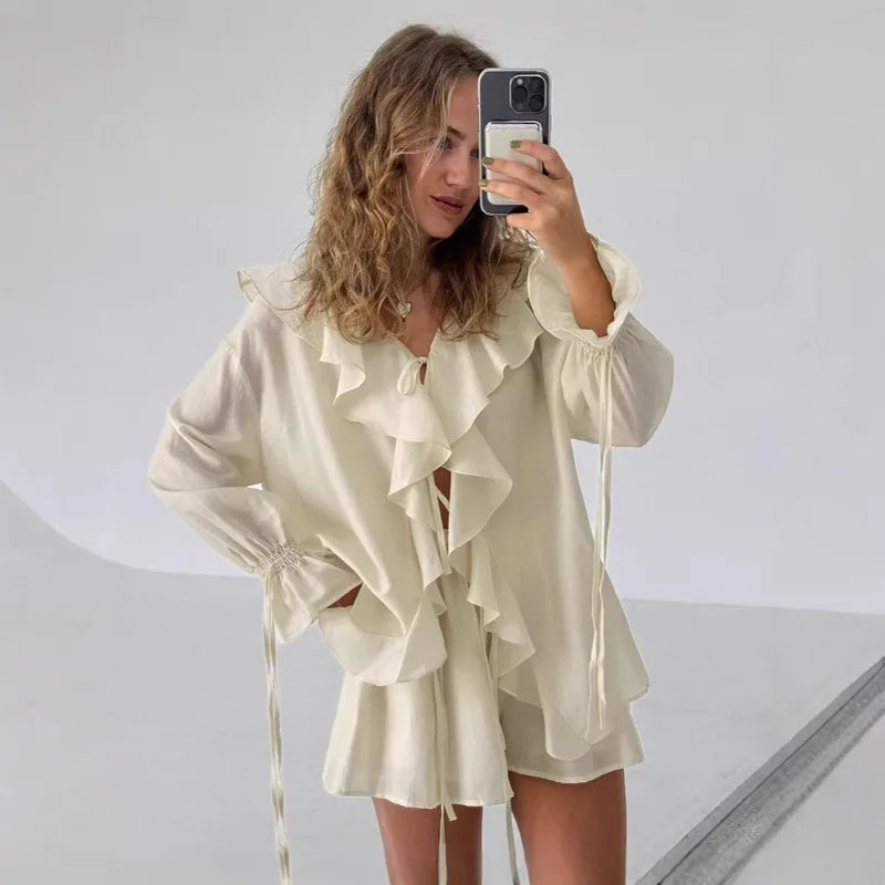 Ruffled Tie Front Top and Shorts Co-ord Set