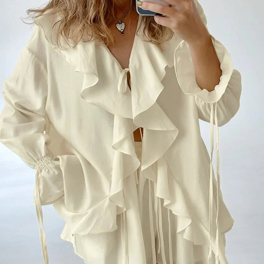 Ruffled Tie Front Top and Shorts Co-ord Set