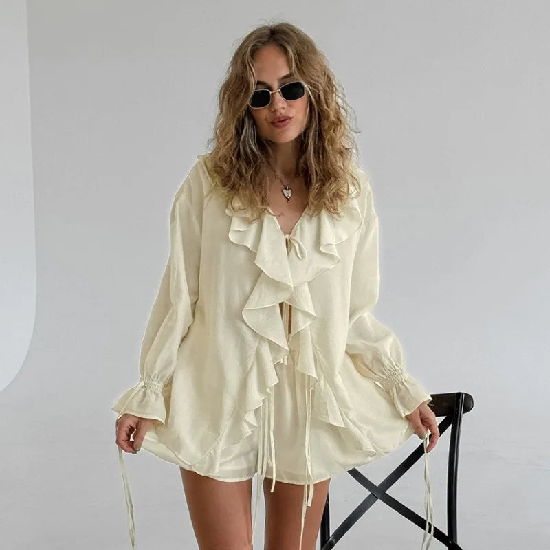 Ruffled Tie Front Top and Shorts Co-ord Set