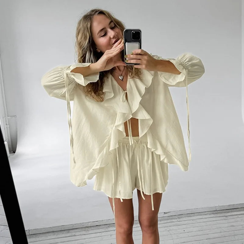 Ruffled Tie Front Top and Shorts Co-ord Set