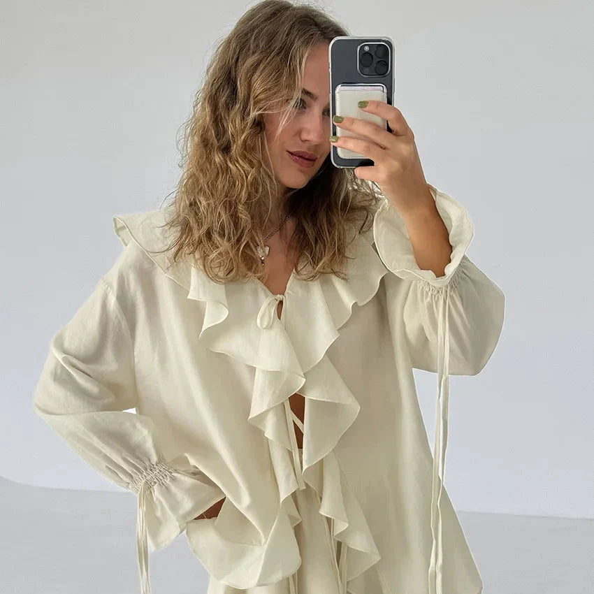 Ruffled Tie Front Top and Shorts Co-ord Set
