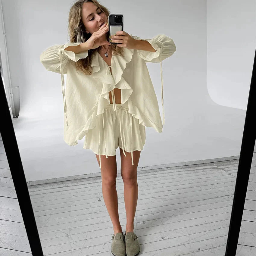 Ruffled Tie Front Top and Shorts Co-ord Set 9