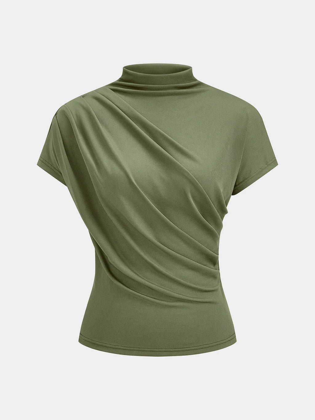 Sage Green Mock Neck Ruched Short Sleeve Jersey Top