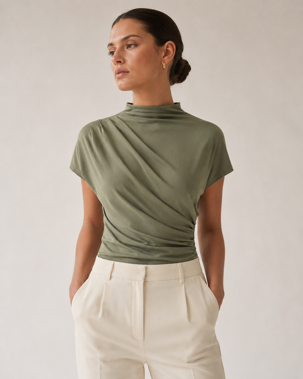 Sage Green Mock Neck Ruched Short Sleeve Jersey Top