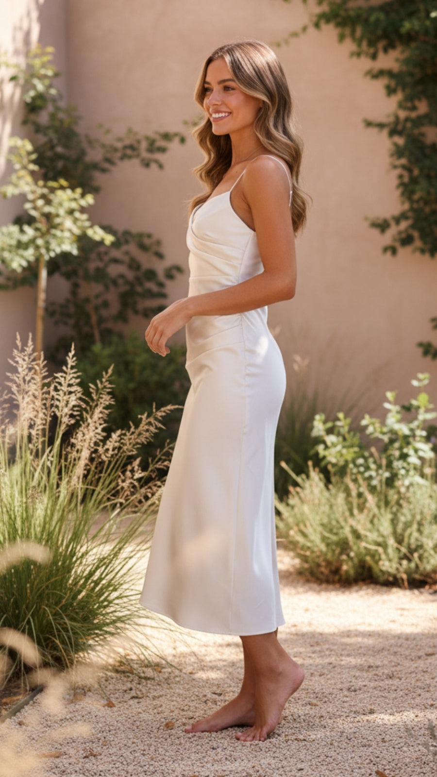 Satin Cowl Neck Ruched Midi Dress
