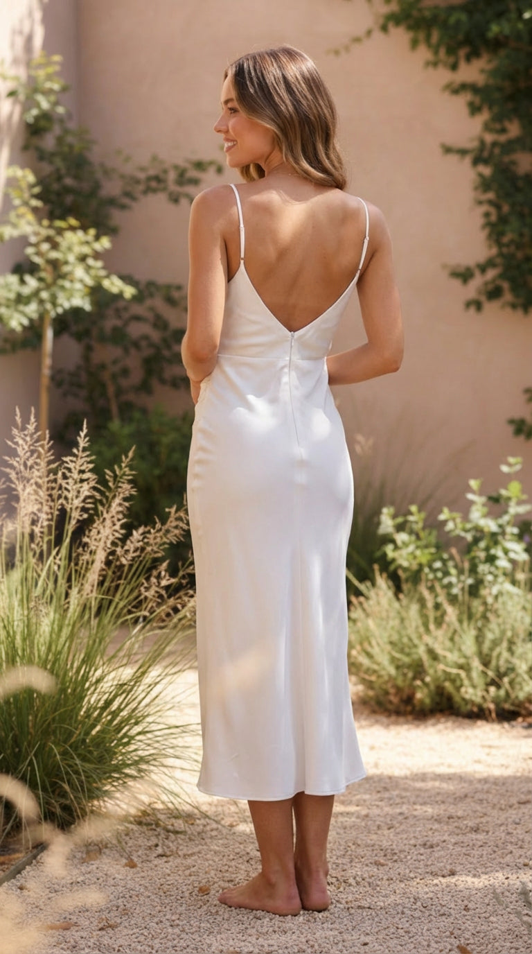 Satin Cowl Neck Ruched Midi Dress