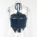 Satin One Shoulder Halter Crop Top
