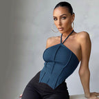 Satin One Shoulder Halter Crop Top