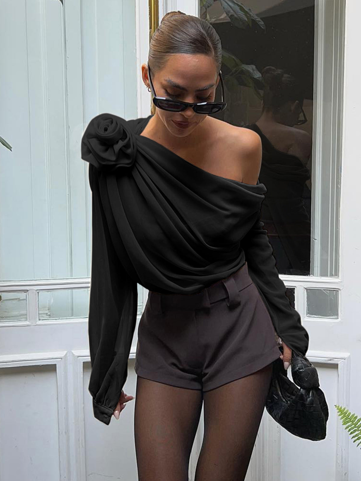 Semi-Sheer Chiffon One Shoulder Blouse