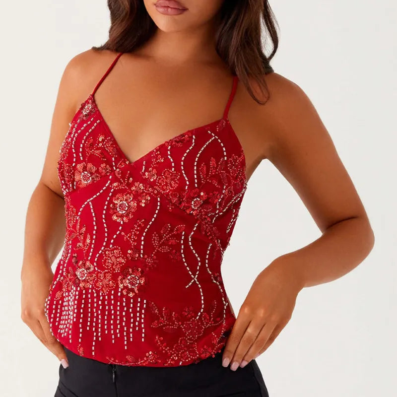 Sequin Rhinestone Halter Cami Top