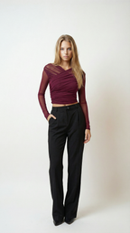 Sheer Mesh Ruched Long Sleeve Top