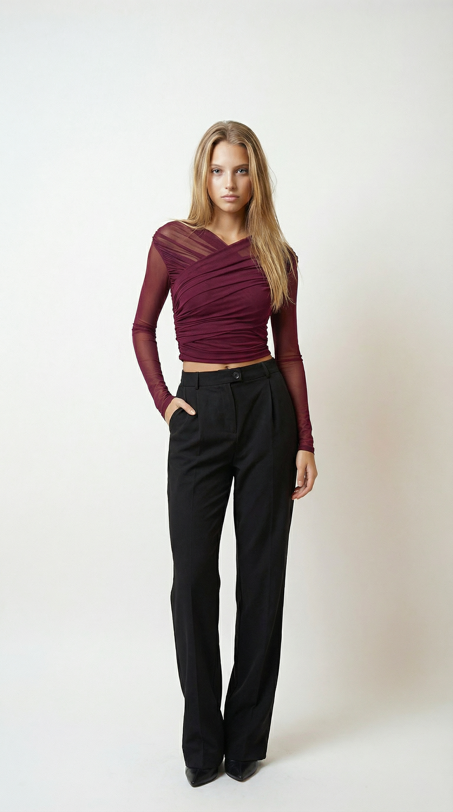 Sheer Mesh Ruched Long Sleeve Top