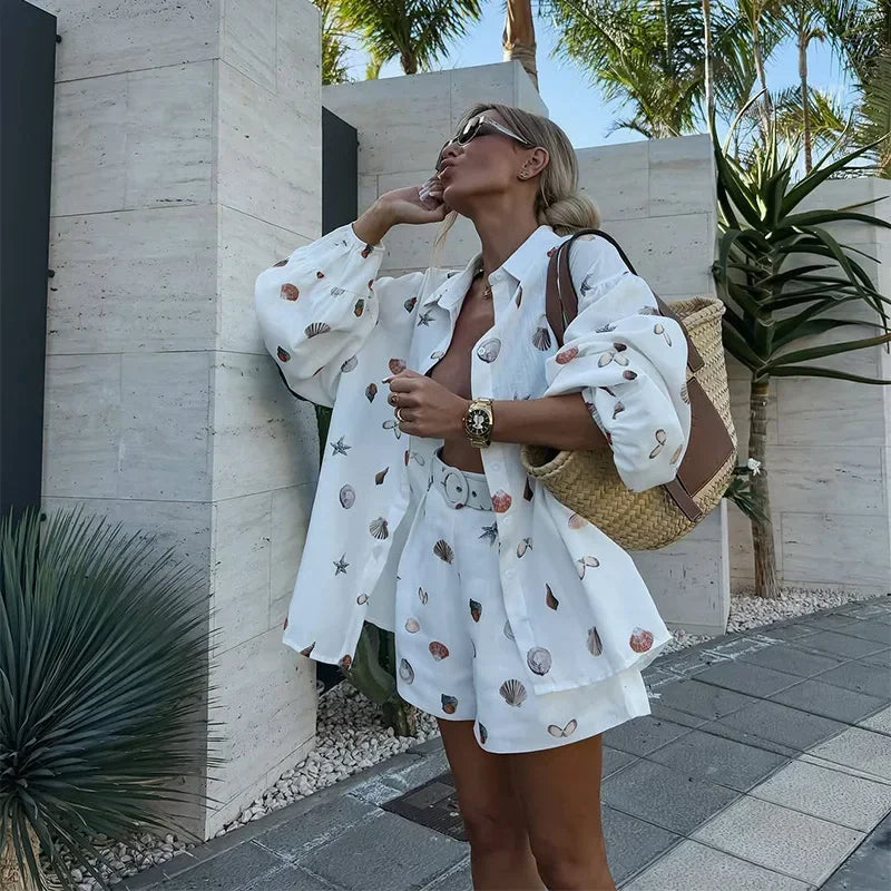 Shell Print Shirt and Shorts Co-ord Set