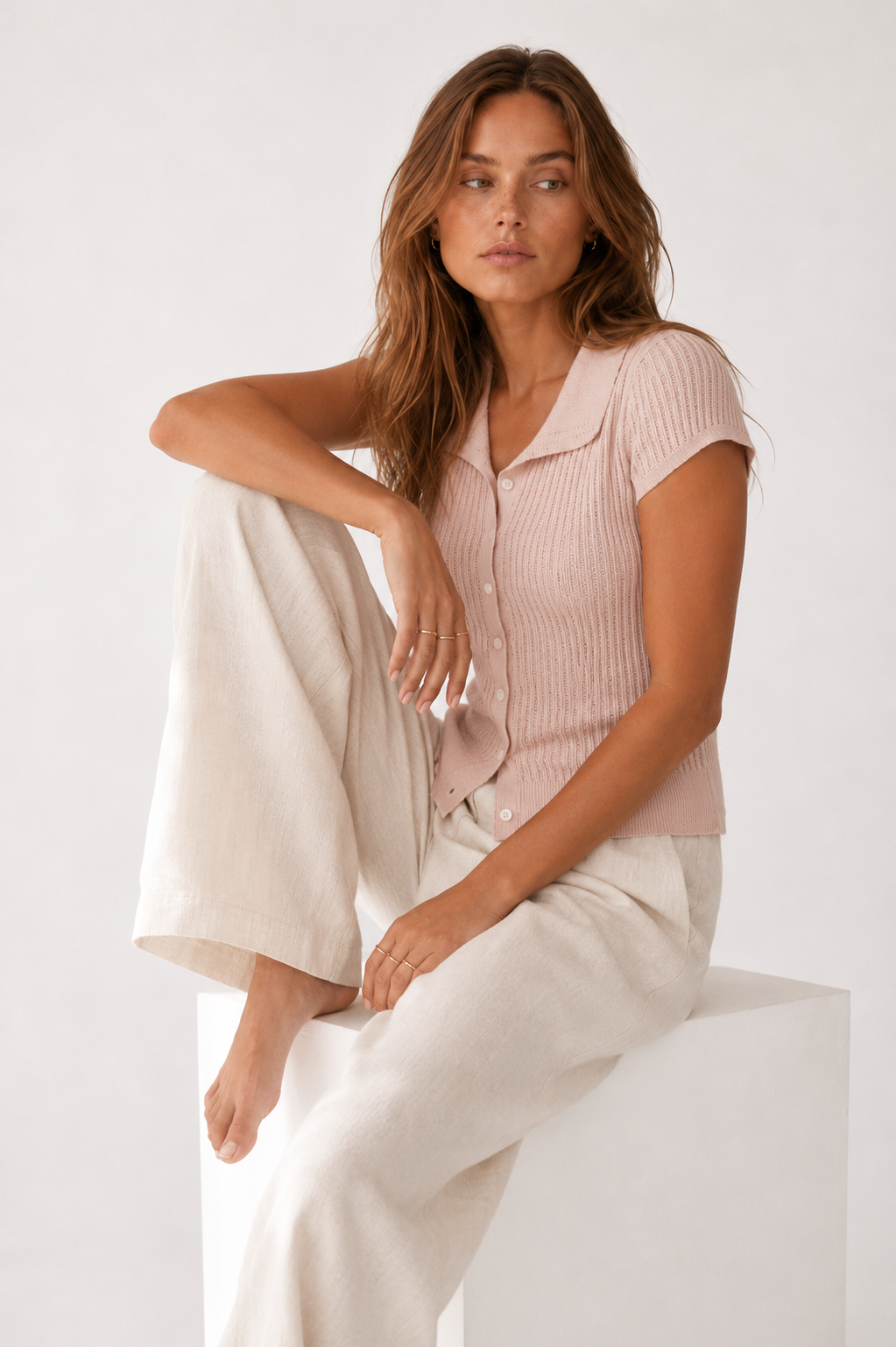 Short Sleeve Knit Top with Button Doll Collar