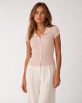 Short Sleeve Knit Top with Button Doll Collar