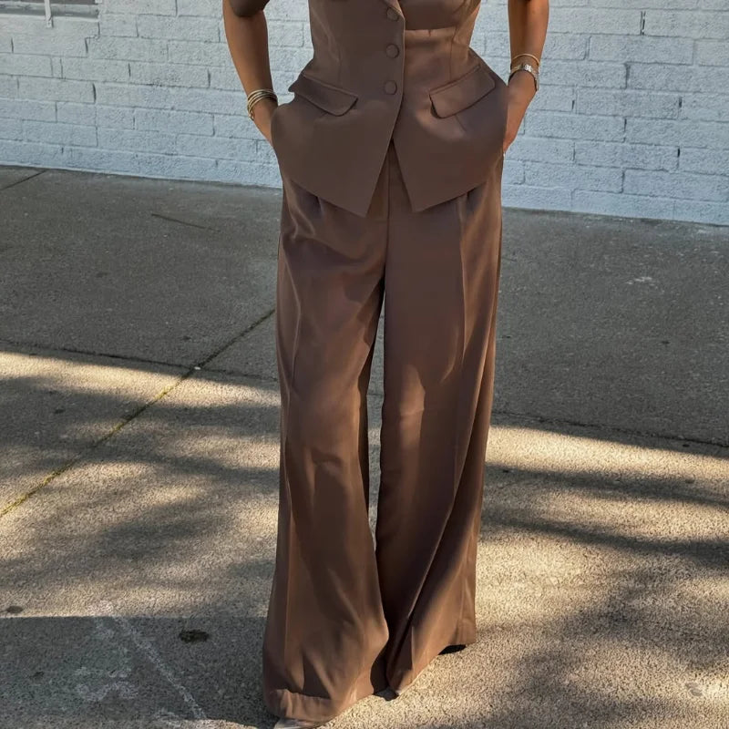 Shoulder Pad Blazer and Wide Leg Pants Co-ord Set