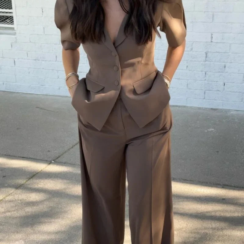 Shoulder Pad Blazer and Wide Leg Pants Co-ord Set