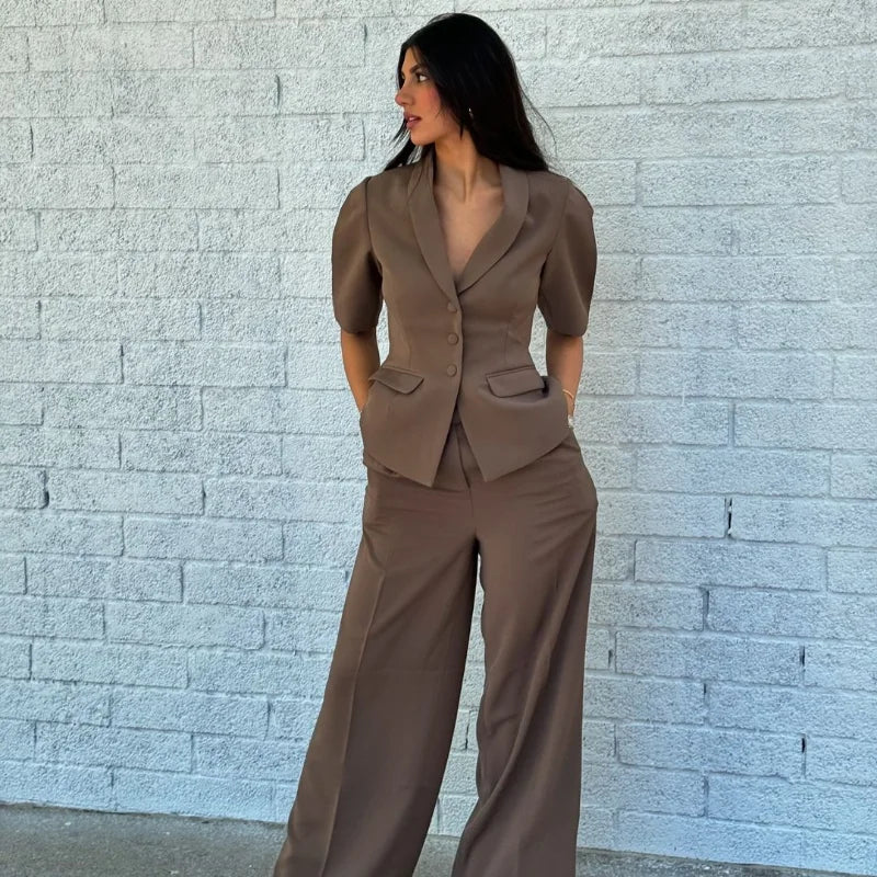 Shoulder Pad Blazer and Wide Leg Pants Co-ord Set