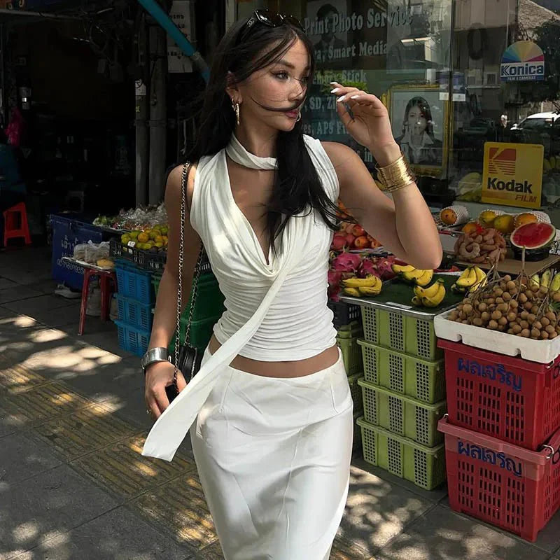 Sleeveless Top with Neck Tie