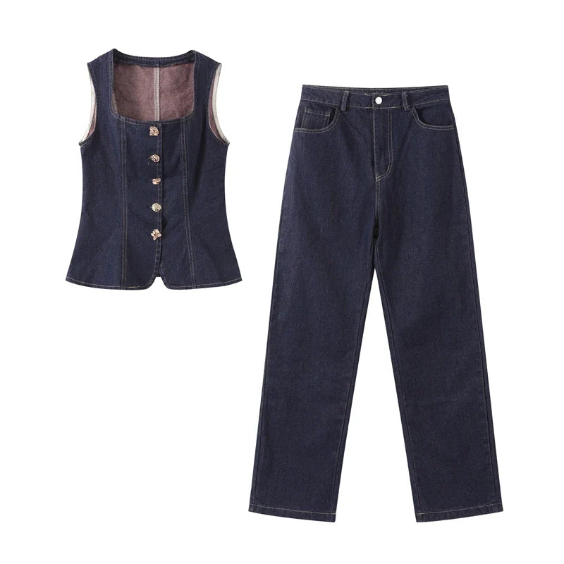 Square Neck Denim Tank and High Waist Jeans Set
