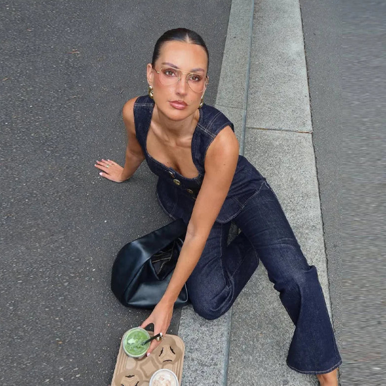 Square Neck Denim Tank and High Waist Jeans Set