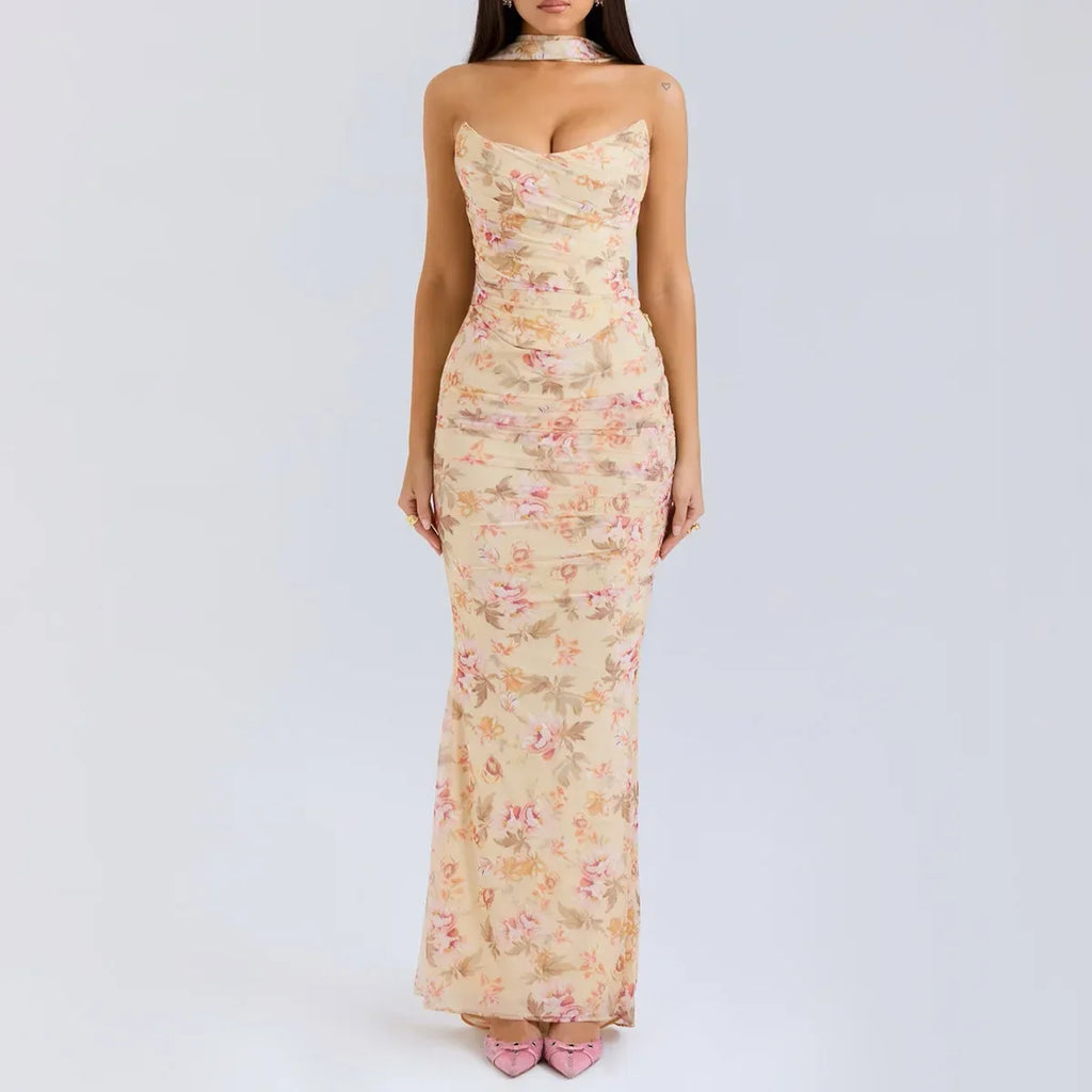 Strapless Crop Top and Maxi Skirt Co-ord Set with Scarf
