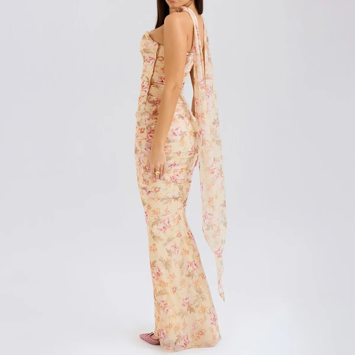Strapless Crop Top and Maxi Skirt Co-ord Set with Scarf