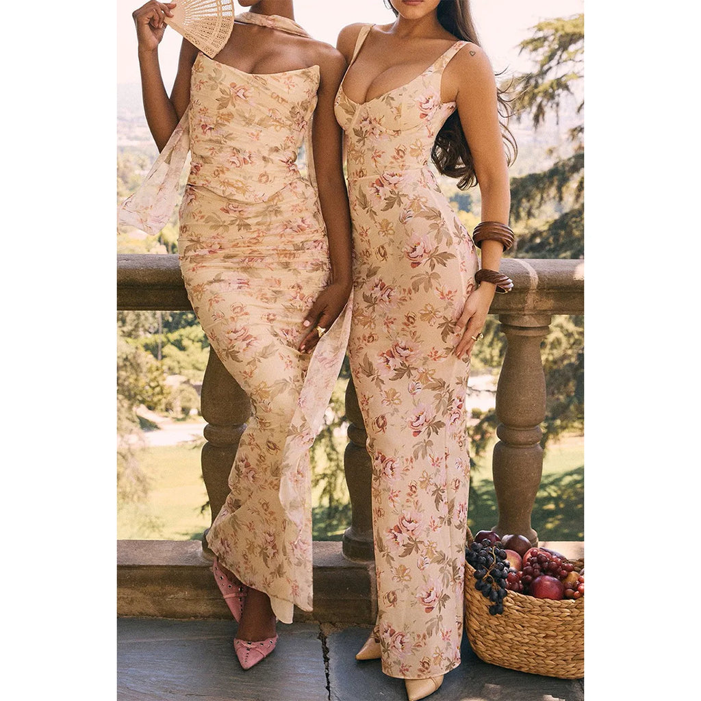Strapless Crop Top and Maxi Skirt Co-ord Set with Scarf