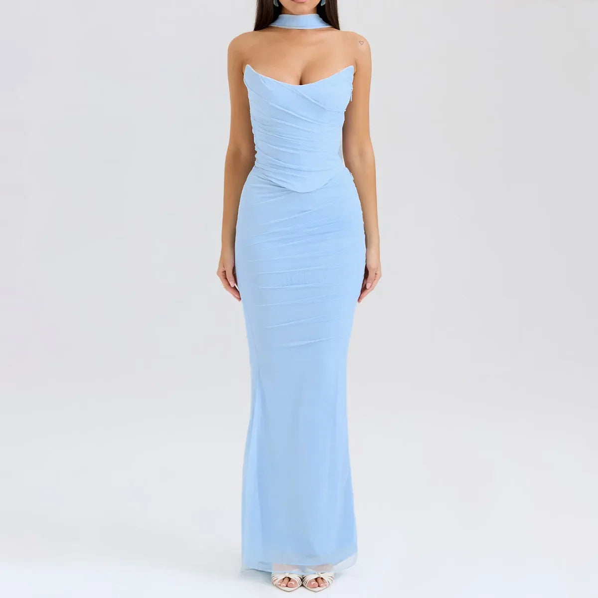 Strapless Crop Top and Maxi Skirt Co-ord Set with Scarf