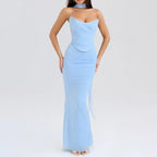 Strapless Crop Top and Maxi Skirt Co-ord Set with Scarf