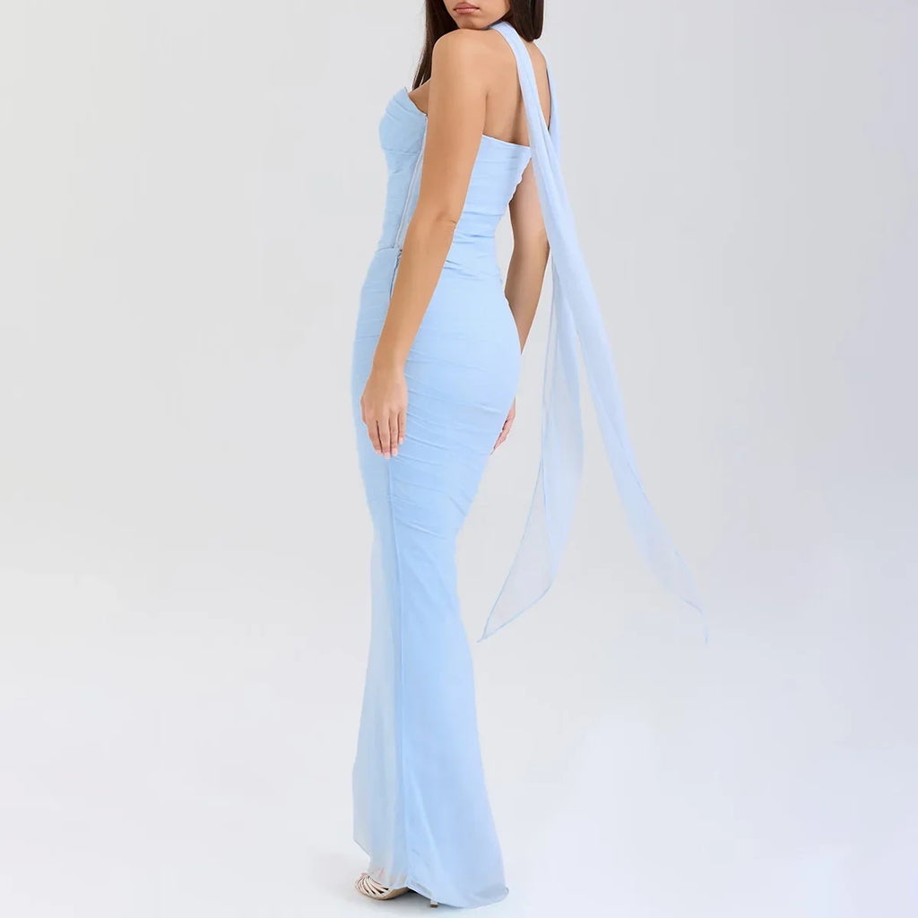 Strapless Crop Top and Maxi Skirt Co-ord Set with Scarf