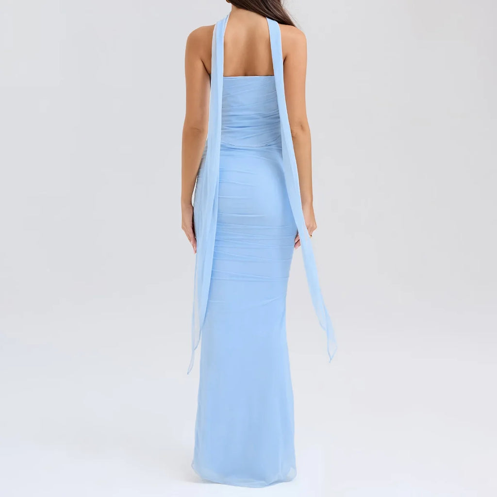 Strapless Crop Top and Maxi Skirt Co-ord Set with Scarf