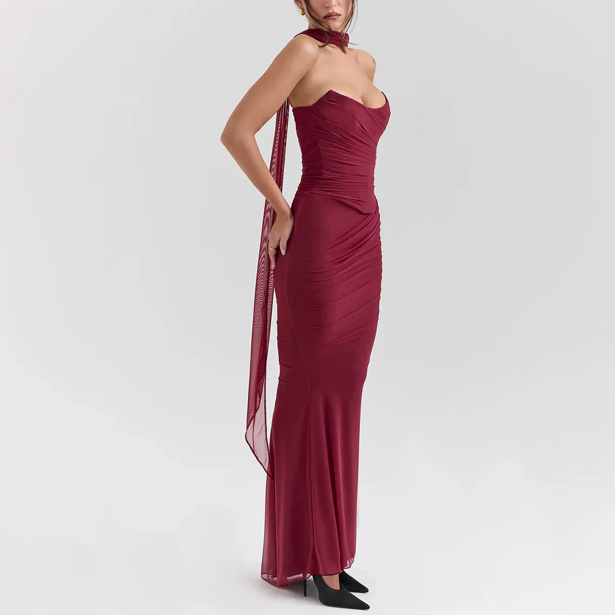 Strapless Crop Top and Maxi Skirt Co-ord Set with Scarf
