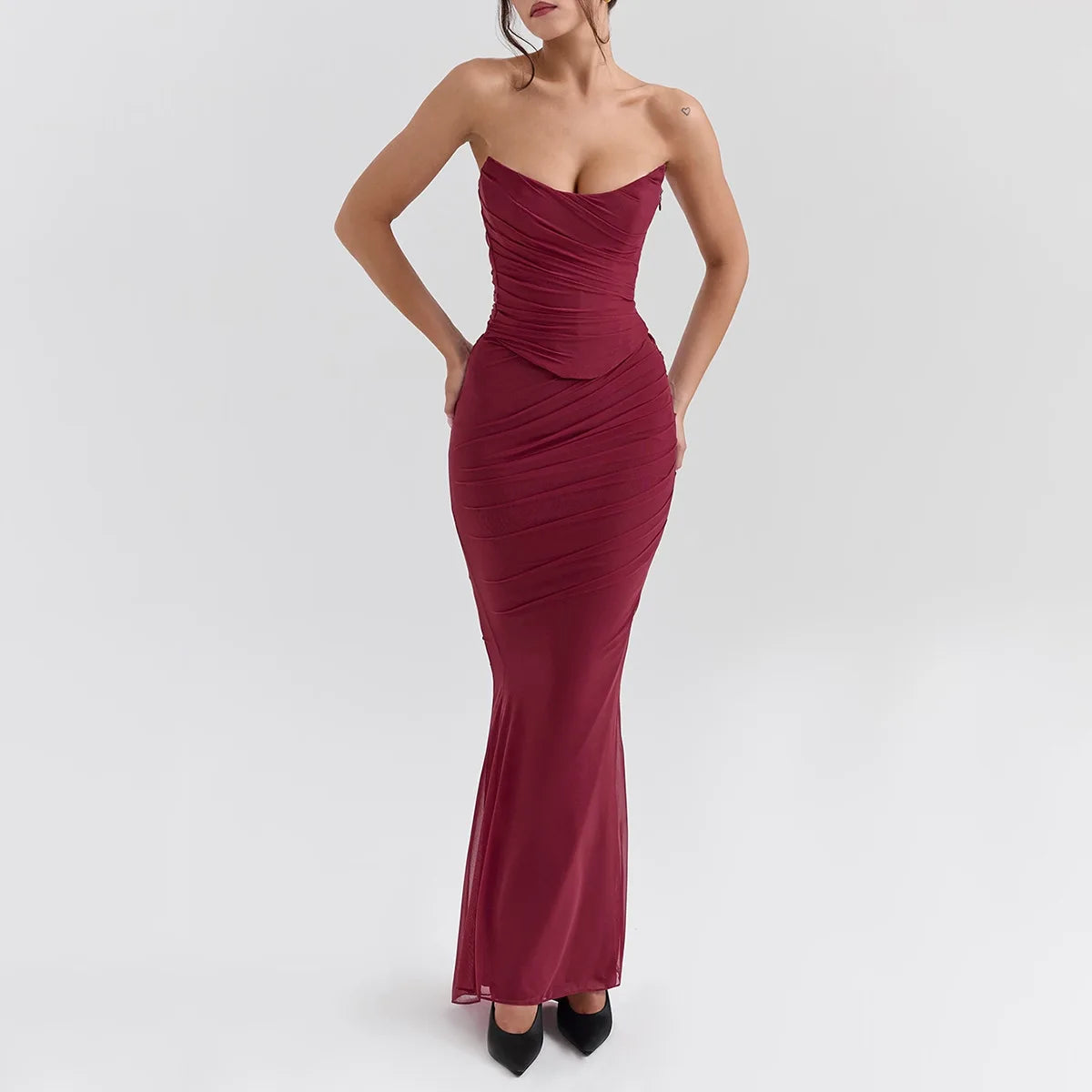Strapless Crop Top and Maxi Skirt Co-ord Set with Scarf
