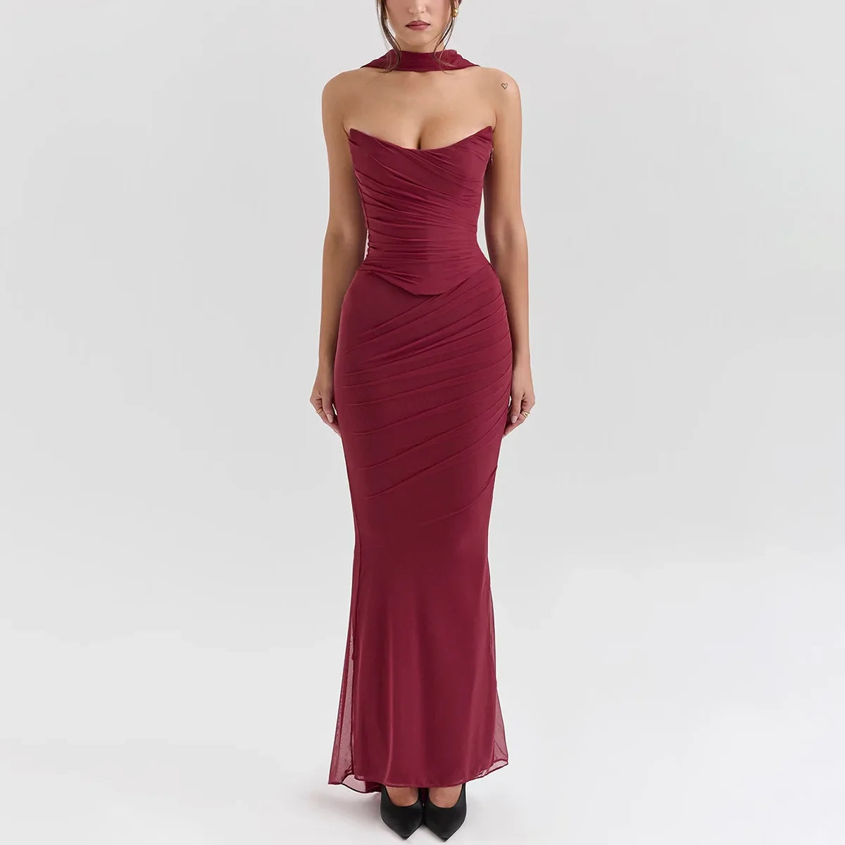 Strapless Crop Top and Maxi Skirt Co-ord Set with Scarf