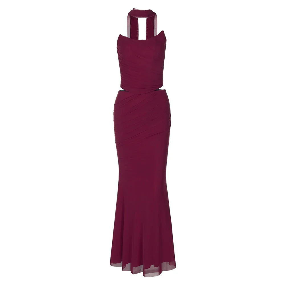 Strapless Crop Top and Maxi Skirt Co-ord Set with Scarf