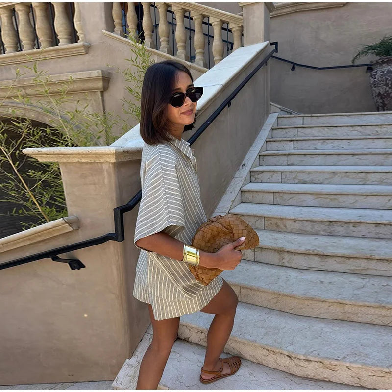 Striped Half Sleeve Shirt and Wide Leg Shorts Set