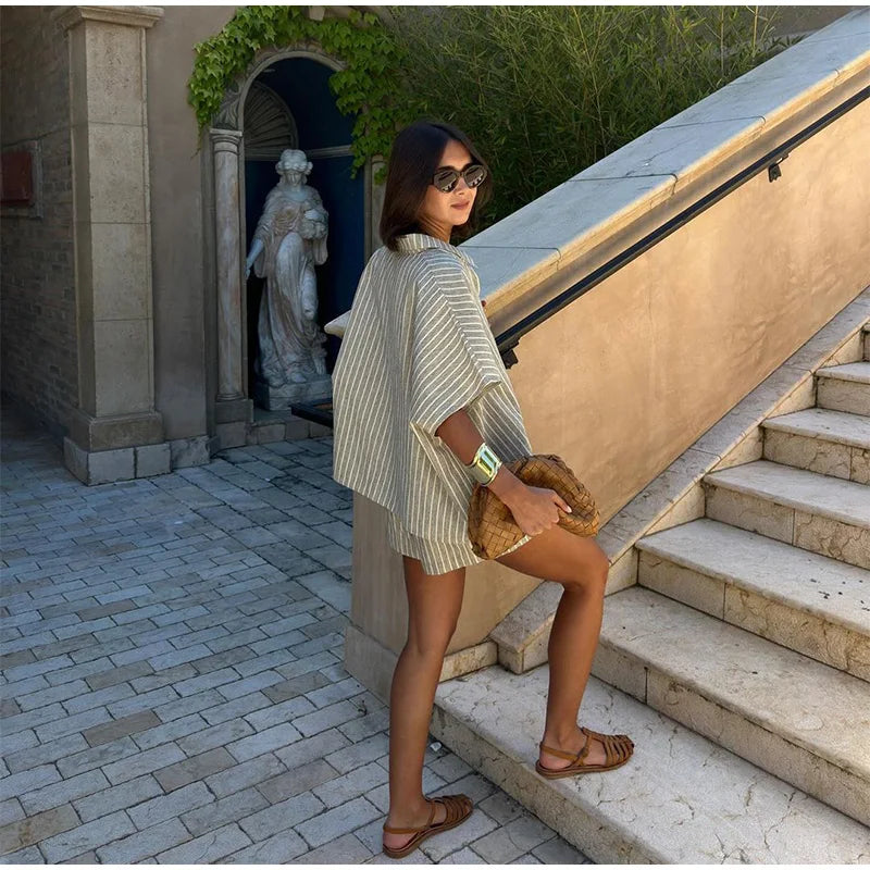 Striped Half Sleeve Shirt and Wide Leg Shorts Set